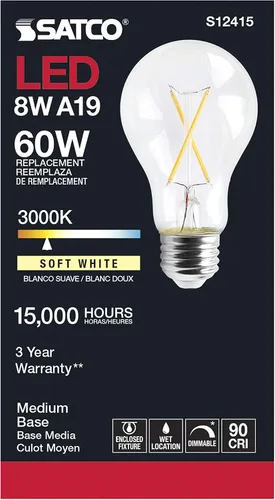 Vista 3 de Satco Bombillas LED transparentes A19 de 8 W, base media, 3000 K, blanco suave, 120 voltios (paquete de 6)