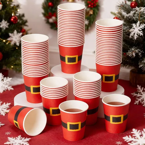 Vista 3 de Yaomiao 300 tazas de papel de Navidad de 9 onzas, diseño de cinturón de Papá Noel, desechables, tazas de café de cacao caliente para Navidad, a