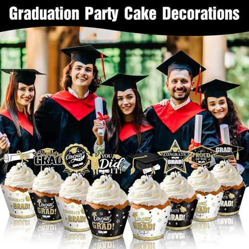 Vista 5 de Lincia 96 piezas 2026 decoraciones para cupcakes de graduación 2026 con púas, suministros de fiesta de graduación y envoltorios para pasteles