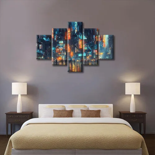 Vista 295 de Cuadros de 5 paneles de Cyberpunk City, arte de pared, representación de vallas publicitarias, edificios modernos en la capital con obras de arte