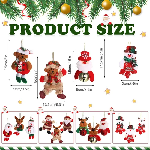 Vista 2 de Skylety 16 adornos de felpa para árbol de Navidad, Papá Noel, muñeco de nieve, oso, decoración de árbol de Navidad, colgantes de felpa, adornos