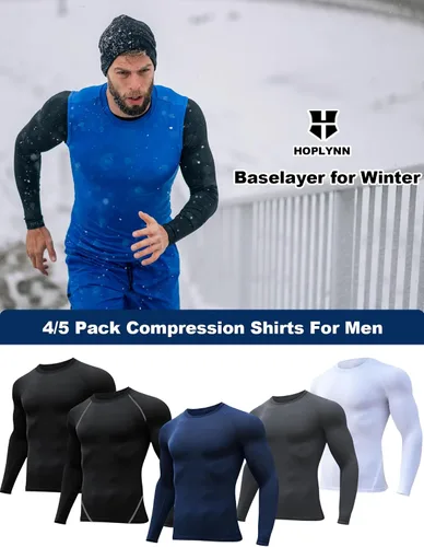 Vista 5 de Paquete de 4 camisetas de compresión para hombre, manga larga, camiseta atlética de capa base para entrenamiento deportivo