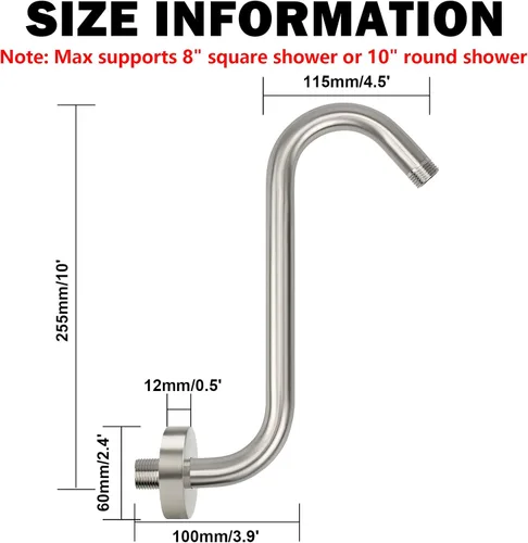 Vista 2 de NearMoon Brazo elevador de cabezal de ducha en forma de S, brazo extensor de ducha con brida, conexión estándar de 1/2 pulgada, accesorio de baño