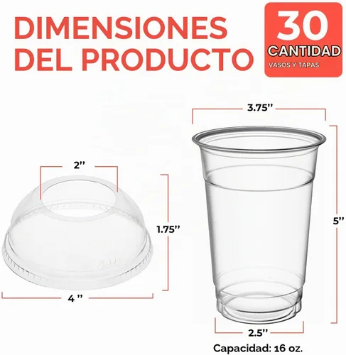 Vista 7 de Vasos de plástico transparente de 16 onzas con tapas anchas de cúpula – Paquete de 30 Vasos desechables para bebidas frías para batidos, café