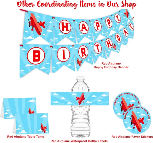 Vista 2 de Avión rojo - 12 tiendas de campaña de mesa - Tarjetas de bufé de avión - Tarjetas de lugar de avión - Decoraciones de arriba y lejos - Decoraciones