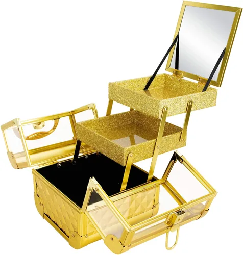 Vista 4 de Ver Beauty Art Craft Tattoo Maquillaje Acrílico Mini Tren Caja Organizadora de Caja de Aluminio Dos Estantes Voladizos con Tapa Espejo Cerraduras