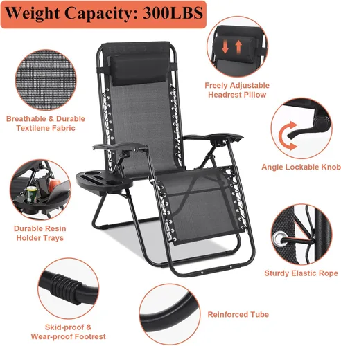 Vista 9 de Silla de gravedad cero plegable, silla de césped, silla reclinable ajustable para acampar con bandejas para almohada y soporte para tazas, silla