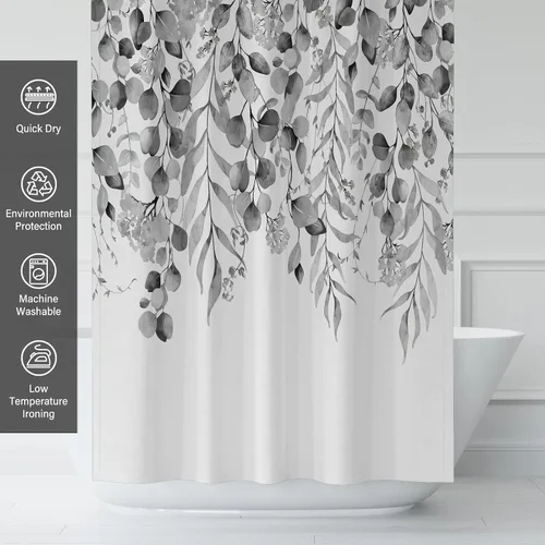 Vista 3 de KAIRA Cortina de ducha de eucalipto negro con diseño clásico y moderno, hojas de plantas de acuarela con diseño floral, decoración de baño, 72 x 72
