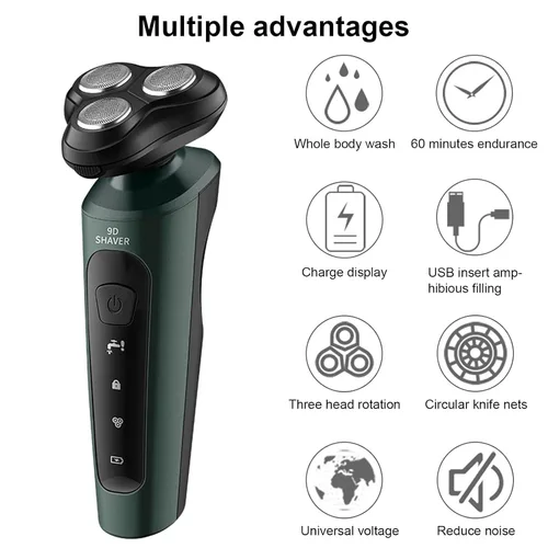 Vista 2 de Maquinilla de afeitar eléctrica 9D para hombre, recortadora de barba con 3 cabezales flotantes, afeitadora totalmente lavable, recargable
