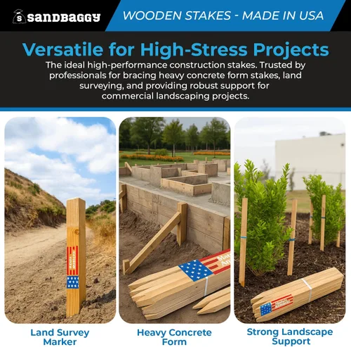 Vista 5 de Sandbaggy Estacas de madera de 48 pulgadas, fabricadas en los Estados Unidos, 2 pulgadas de grosor, resistentes para construcción, jardinería