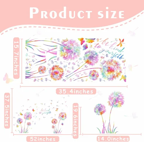 Vista 5 de Calcomanías de pared grandes de diente de león, calcomanías de pared de flores coloridas, calcomanías de pared para despegar y pegar, calcomanías