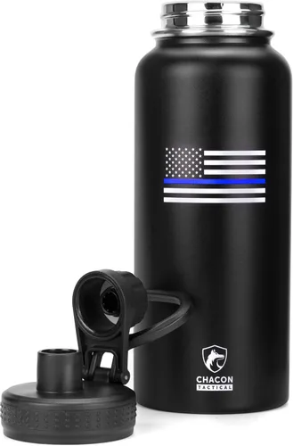 Vista 4 de Botella de agua aislada, negro, acero inoxidable, 32 onzas, diseño de bandera estadounidense de línea azul fina, boca ancha