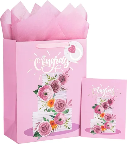 Vista 8 de Loveinside Bolsa de regalo de boda – Diseño de texto floral y siempre y para siempre con papel de seda, tarjeta de felicitación y etiqueta