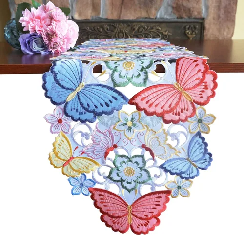 Vista 4 de Camino de mesa de Pascua, bordado de primavera, con apliques de mariposa, ropa de mesa floral, decoración de mesa de comedor, decoración de mesa