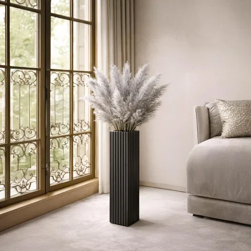 Vista 6 de Jarrón moderno de 18 pulgadas con rayas verticales negras, jarrón alto para ramas secas, hierba de pampas, flores sintéticas, decoración del hogar