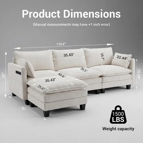 Vista 2 de Sofá modular en forma de L de 102 pulgadas con otomana, sofá de asiento profundo de felpilla de 4 asientos con almohada para sala de estar