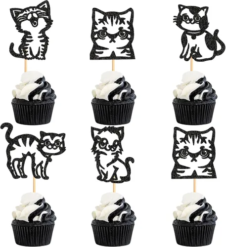 Vista 7 de Ercadio Paquete de 25 adornos para magdalenas de gatos, palillos para tartas de gatos negros, selecciones de cupcakes de animales, decoraciones