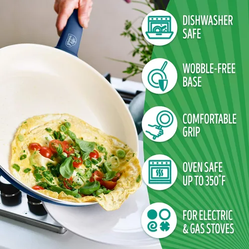 Vista 3 de GreenLife Soft Grip - Juego de ollas y sartenes antiadherentes de cerámica saludable, 16 piezas, azul y utensilios para hornear de cerámica