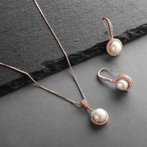 Vista 4 de Mariell Collar y pendientes de boda de perlas para novias, damas de honor, joyas de oro rosa