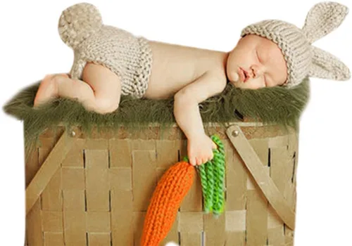 Vista 4 de IWEMEK Traje de Pascua para recién nacidos, para niños, niñas, accesorios de fotografía, cumpleaños, hecho a mano, ganchillo, zanahoria, conejo