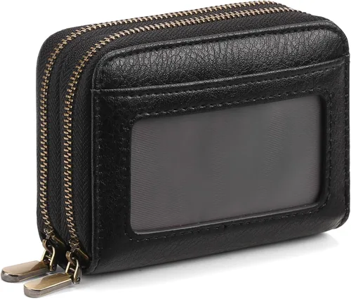 Vista 8 de SENDEFN Tarjetero de cuero para tarjetas de crédito, cartera pequeña para mujer, bloqueo RFID, doble cremallera con ventana de identificación