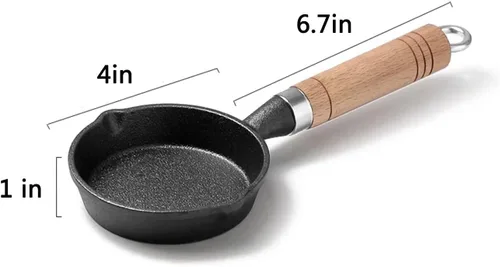 Vista 5 de Mini sartén para un huevo, 4 pulgadas, portátil, de hierro fundido para acampar al aire libre, con mango de madera, mini sartén para placa