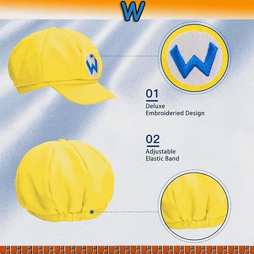 Vista 2 de ratote Disfraz de Wari y Waluig para adultos, mujeres y hombres, juego completo de accesorios de Halloween y cosplay con sombrero, bigote, guantes