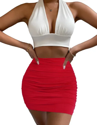 Vista 4 de Afibi Minifalda casual elástica de cintura alta fruncida de doble capa para mujer