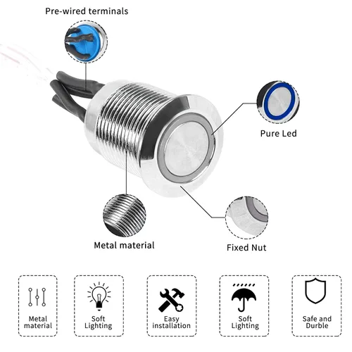 Vista 2 de YACSEJAO Interruptor de chasis de 16 mm Botón metálico para computadora de escritorio Cable de interruptor de alimentación LED Botón