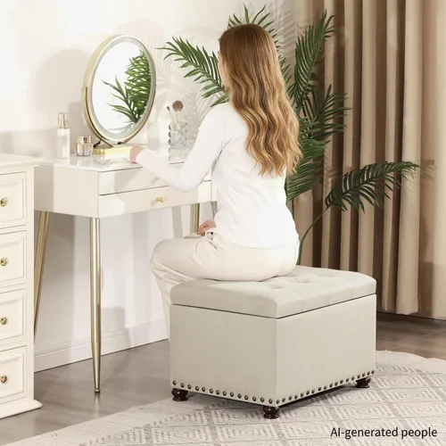 Vista 6 de Otomana de Almacenamiento de 24", Otomana de Tela Reposapiés con Tapa Articulada, Taburete Tapizado Rectangular Acolchado, Carga hasta 350 lb
