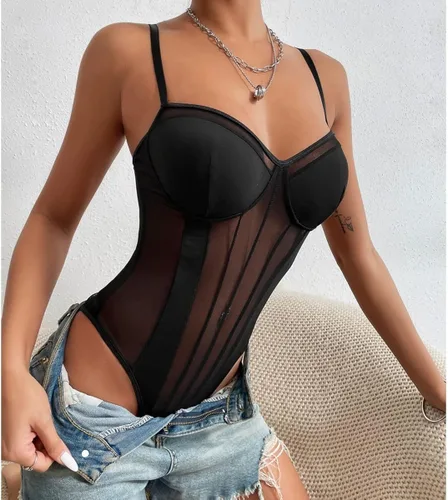 Vista 6 de mixcb Body de malla transparente sin mangas con cuello en V y encaje transparente para mujer