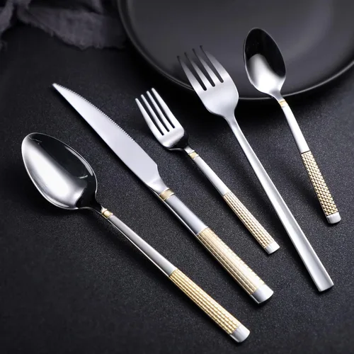 Vista 4 de Juego de cubiertos de acero inoxidable de 20 piezas para 4 utensilios de cocina, incluye tenedores, cucharas, cuchillos para el hogar, restaurante