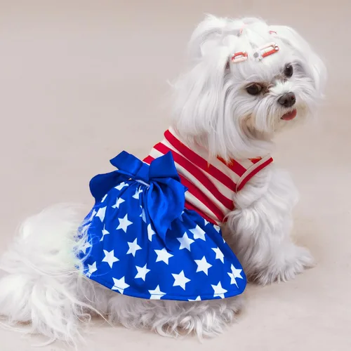 Vista 6 de PUPTECK Vestido estampado para perro, ropa para mascotas para el 4 de julio con lindo corbatín para cachorros, bandera, XS Estilo americano