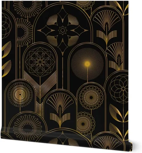Vista 10 de Spoonflower Papel tapiz para despegar y pegar, diseño de flores Art Deco de los años 20, flores negras, geométricas, oscuras, papel tapiz extraíble