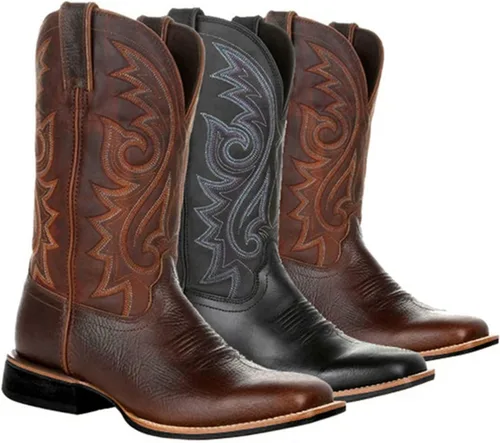 Vista 4 de Botas vaqueras marrones de cuero bordado de medio cilindro para hombre, tacón grueso de media pantorrilla, punta puntiaguda, botas vaqueras