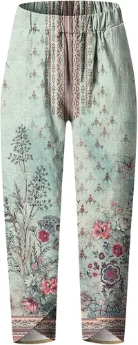 Vista 4 de Pantalones de salón de lino y algodón con bolsillos para Mujer, informales, de pierna ancha, con Cintura alta elástica