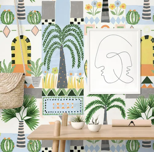 Vista 5 de NextWall Papel tapiz de fachada tropical para despegar y pegar (azul cielo y blanco roto)