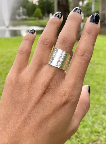 Vista 2 de Hammered Sterling Silver Handmade Wide Band Ring, Classic Shiny Finish Flat Wrap Band, Adjustable to Sizes 6-12, Can fit Also as Thumb ring, Gift