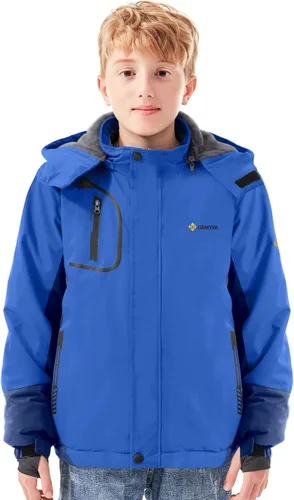 Vista 4 de GEMYSE Chaqueta de esquí impermeable para niños, chaqueta de invierno a prueba de viento con capucha