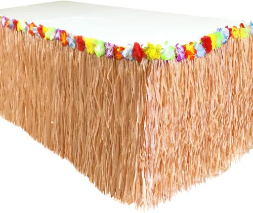 Vista 9 de GiftExpress Falda de mesa de hierba Luau de 9 pies x 29.5 pulgadas, falda de fiesta temática hawaiana con decoración de flores de hibisco, telón