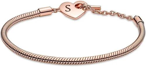 Vista 6 de Pandora Moments - Pulsera de cadena de serpiente con cierre de barra en T de corazón, oro rosa de 14 quilates para mujer, compatible con dijes