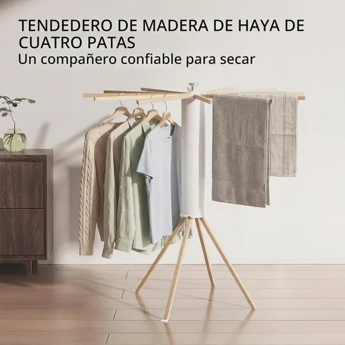 Vista 3 de LEQ Tendedero plegable para ropa interior con 4 pies de soporte, tendedero de ropa para apartamento con 12 brazos de secado de madera