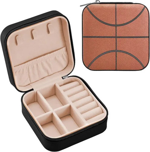 Vista 2 de Caja de joyería pequeña de cuero Caja de joyería portátil de viaje Caja de almacenamiento de baloncesto para anillos, pendientes, collares