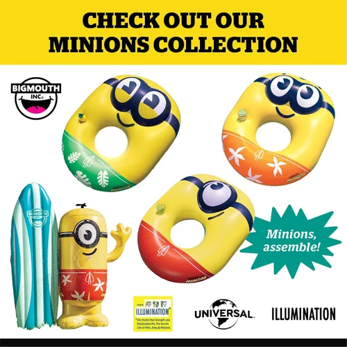 Vista 5 de Balsa flotante gigante de Minions para piscina, flotador de agua inflable con diseño de Minions con licencia, piscina y lago duraderos para niños
