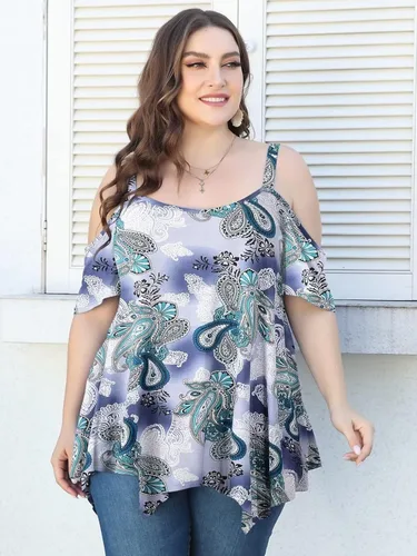 Vista 3 de LARACE Tops de hombro descubierto para mujer, ropa de verano con tirantes delgados, túnica de gran tamaño, blusa asimétrica de talla grande