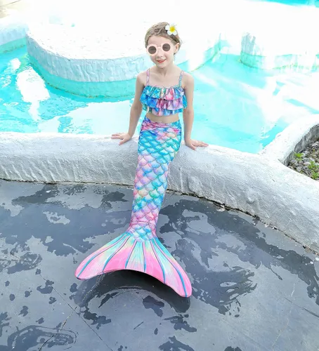 Vista 2 de DNFUN Colas de sirena para nadar para niñas, traje de baño de sirena con monoaleta