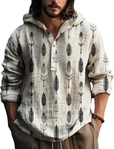 Vista 6 de Sudadera con capucha para hombre, con estampado de plumas, manga larga, 3 botones, a la moda, casual, para otoño, cómoda y suave