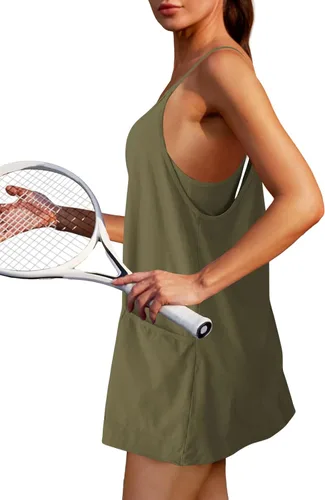 Vista 2 de Nirovien Vestido de tenis para mujer, mini vestido de entrenamiento con pantalones cortos, sin mangas, tirantes delgados, vestidos atléticos de golf