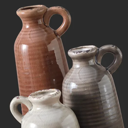 Vista 3 de Juego de 3 jarrones de cerámica, jarrón rústico neutro de granja con asa, floreros decorativos para decoración del hogar, jarrón moderno bohemio