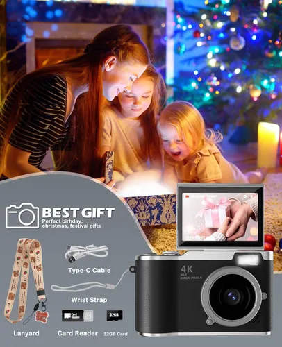 Vista 7 de Cámara para niños, cámara digital 4K para fotografía, cámara de video selfie HD 1080P de 48MP, con pantalla giratoria de 180° y flash, con tarjeta